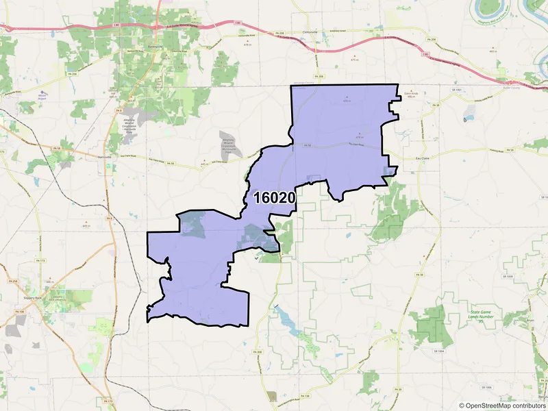 Map of ZIP Code 16020 — Boyers, PA