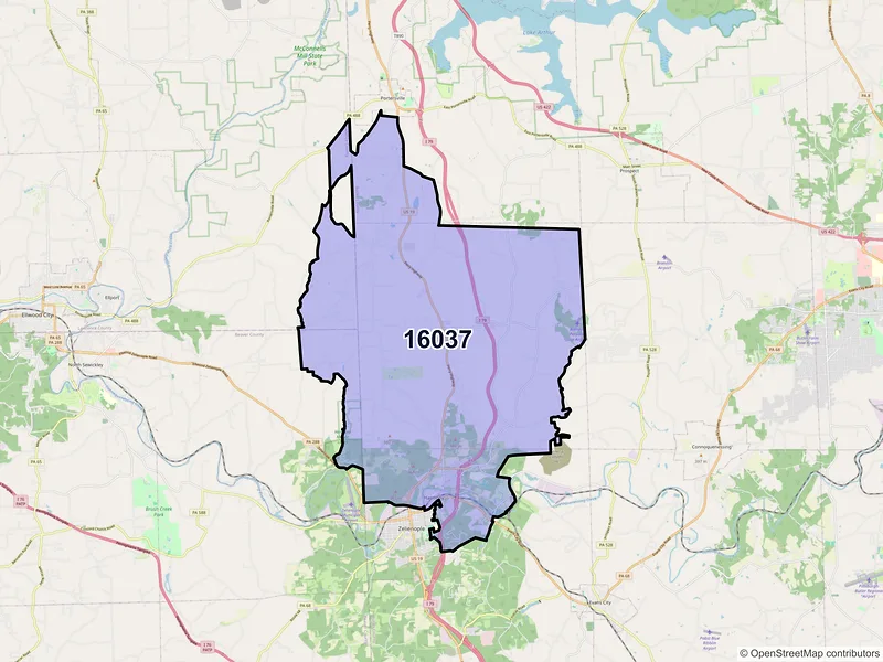 Map of ZIP Code 16037 — Harmony, PA