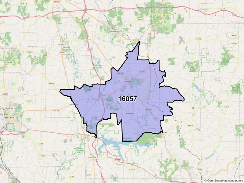 Map of ZIP Code 16057 — Slippery Rock, PA