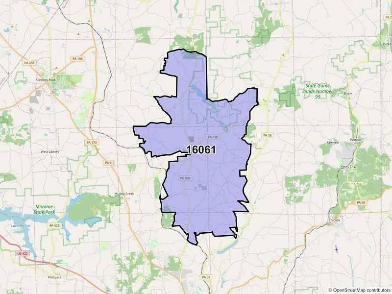 Map of West Sunbury, Pennsylvania and ZIP codes