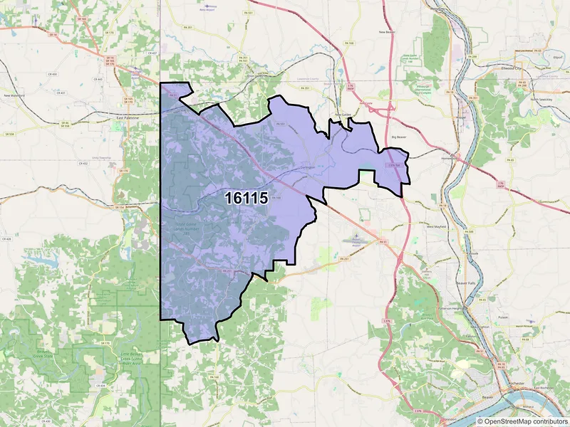 Map of ZIP Code 16115 — Darlington, PA