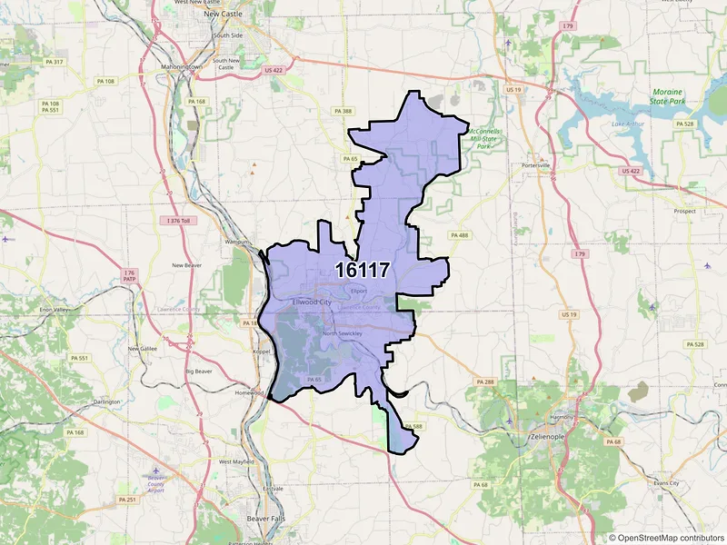 Map of ZIP Code 16117 — Ellwood City, PA