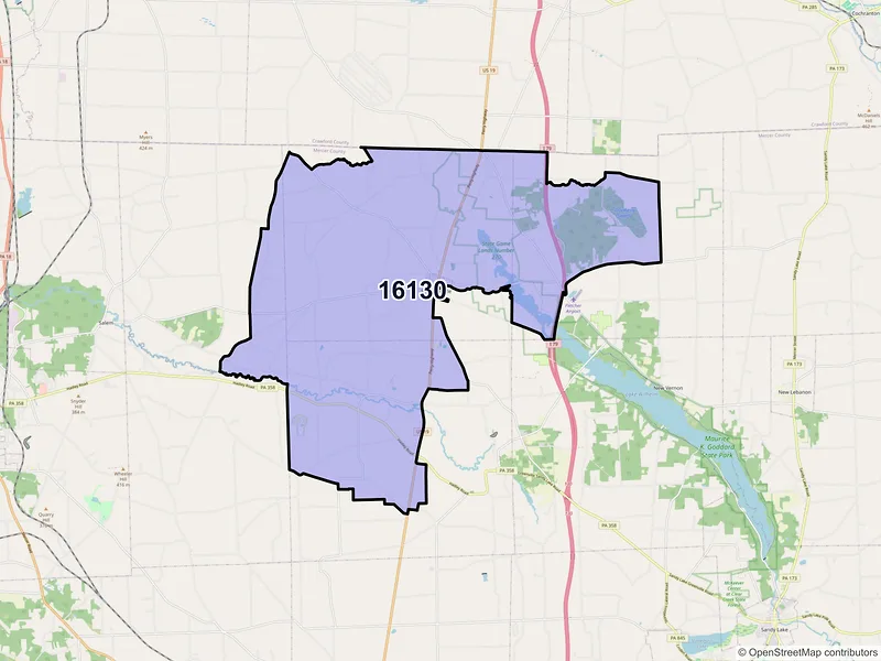 Map of ZIP Code 16130 — Hadley, PA