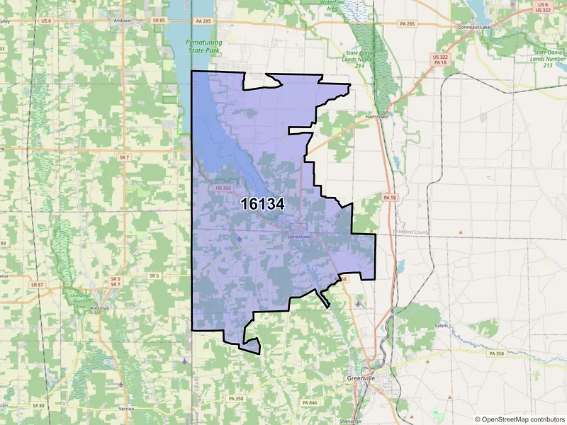 Map of Jamestown, Pennsylvania and ZIP codes