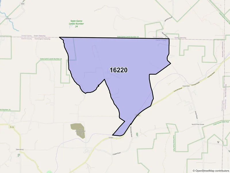 Map of Crown, Pennsylvania and ZIP codes
