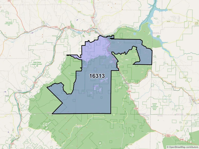 Map of ZIP Code 16313 — Clarendon, PA