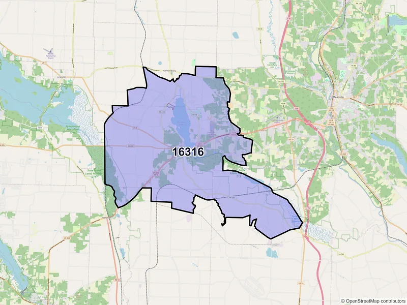 Map of Conneaut Lake, Pennsylvania and ZIP codes