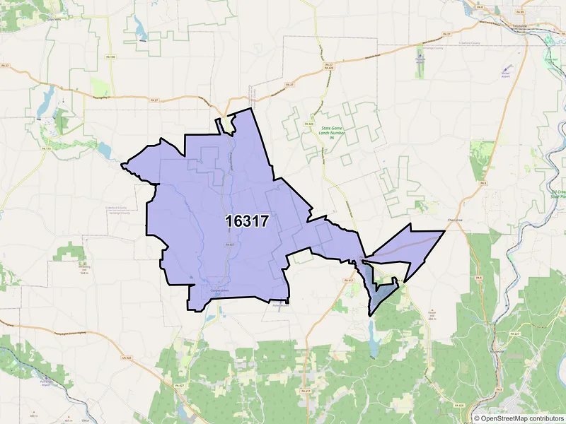 Map of ZIP Code 16317 — Cooperstown, PA