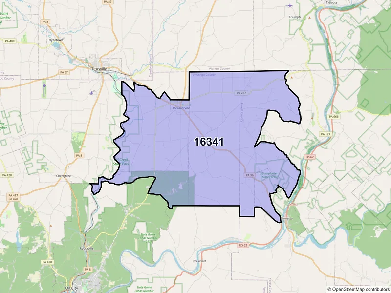 Map of ZIP Code 16341 — Pleasantville, PA
