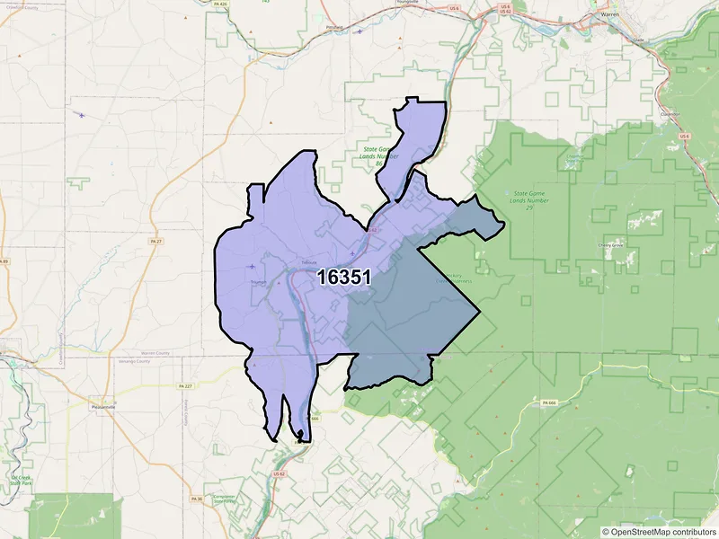 Map of ZIP Code 16351 — Tidioute, PA