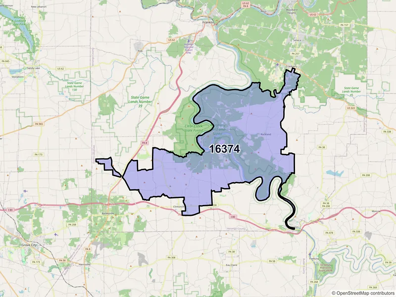 Map of ZIP Code 16374 — Kennerdell, PA