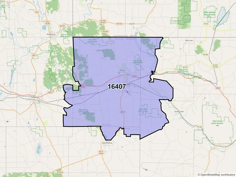 Map of ZIP Code 16407 — Corry, PA
