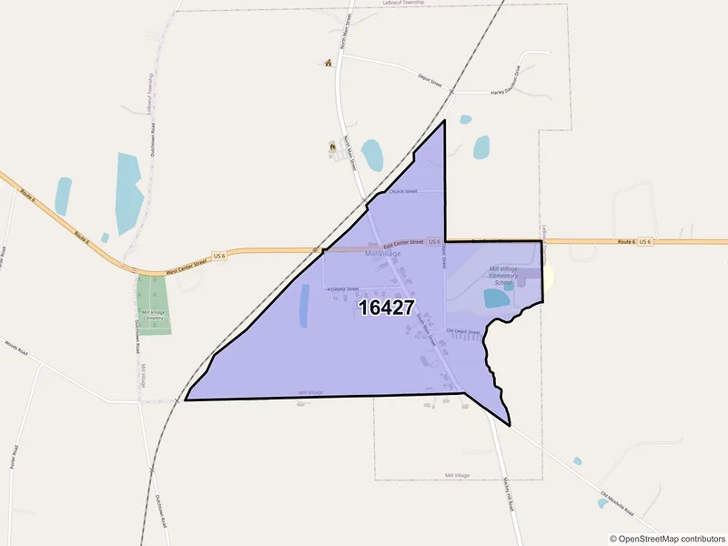 Map of Mill Village, Pennsylvania and ZIP codes