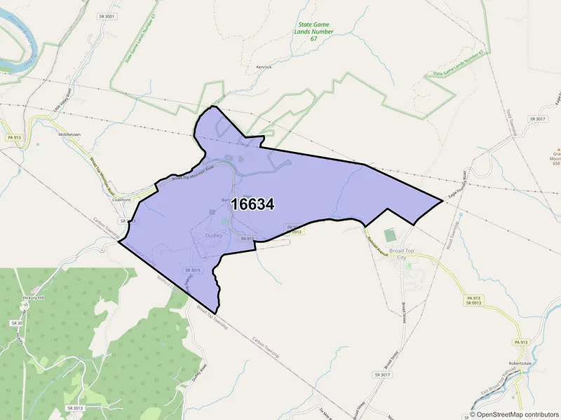Map of Dudley, Pennsylvania and ZIP codes