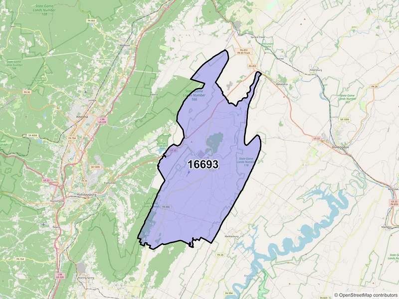 Map of ZIP Code 16693 — Williamsburg, PA
