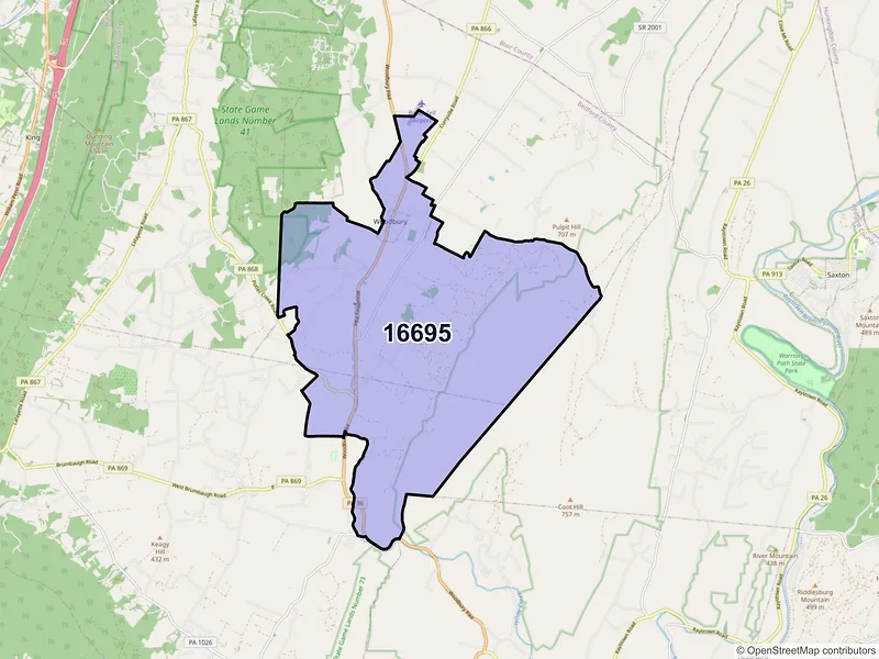 Map of ZIP Code 16695 — Woodbury, PA