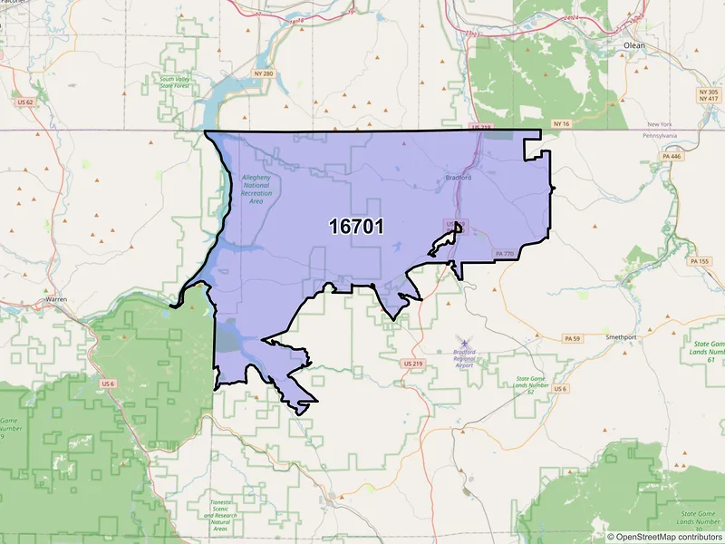 Map of Bradford, Pennsylvania and ZIP codes
