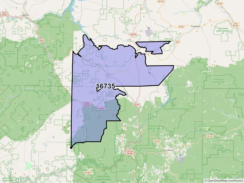 Map of ZIP Code 16735 — Kane, PA
