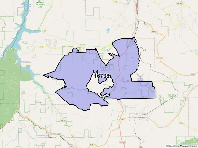Map of ZIP Code 16738 — Lewis Run, PA