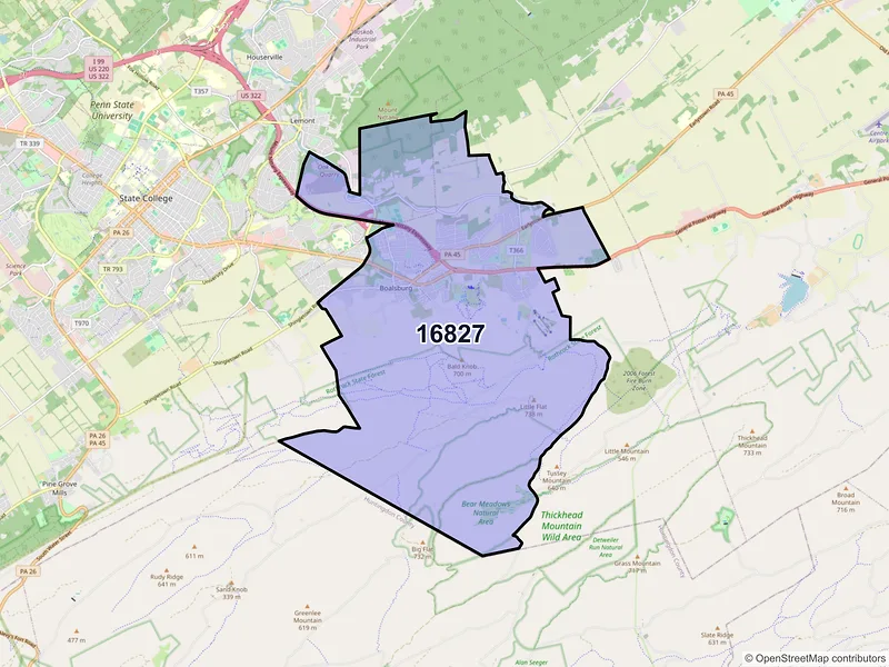Map of Boalsburg, Pennsylvania and ZIP codes