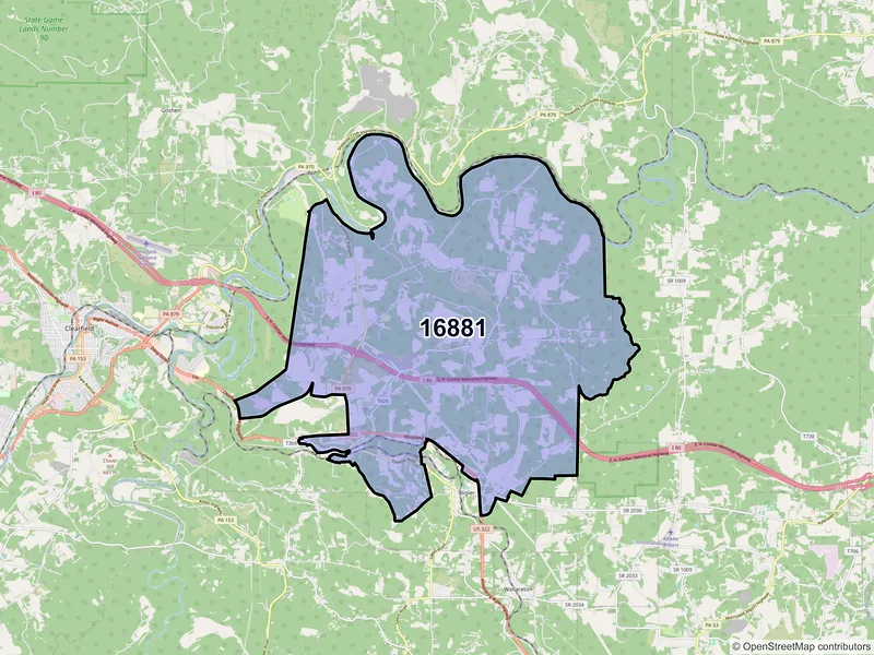 Map of ZIP Code 16881 — Woodland, PA