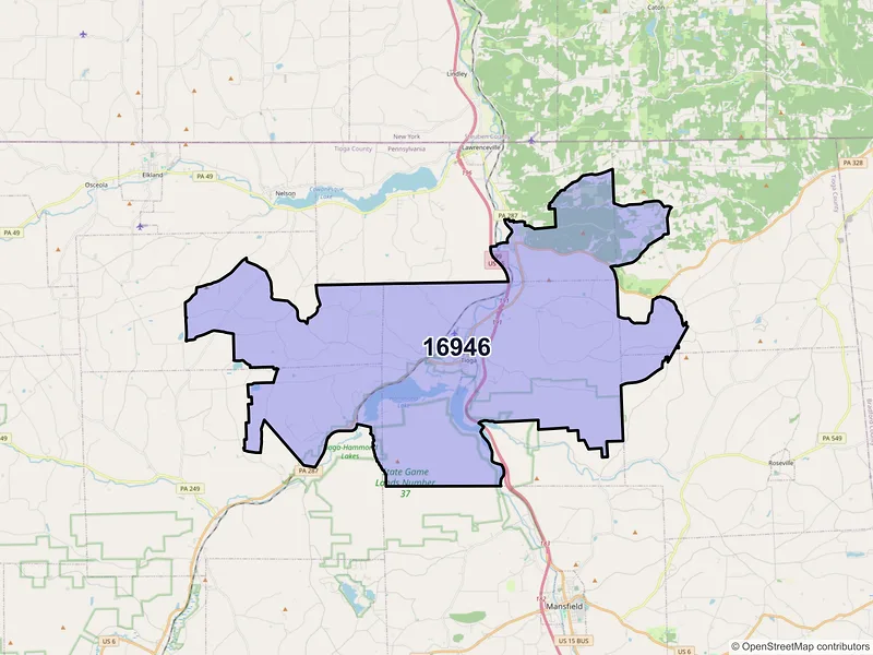 Map of Tioga, Pennsylvania and ZIP codes