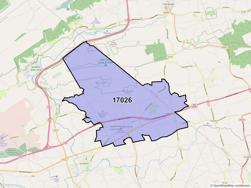 Map of Fredericksburg, Pennsylvania and ZIP codes