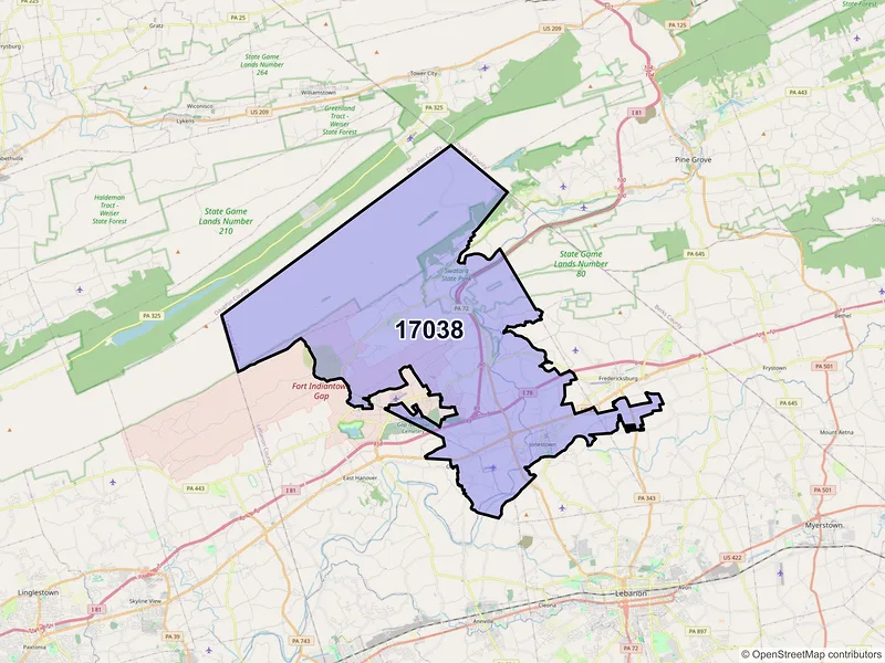 Map of ZIP Code 17038 — Jonestown, PA