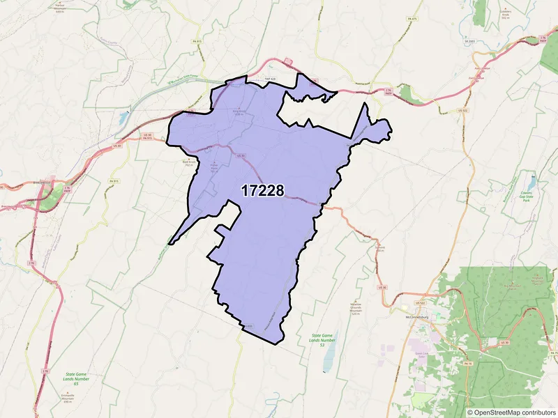 Map of Harrisonville, Pennsylvania and ZIP codes