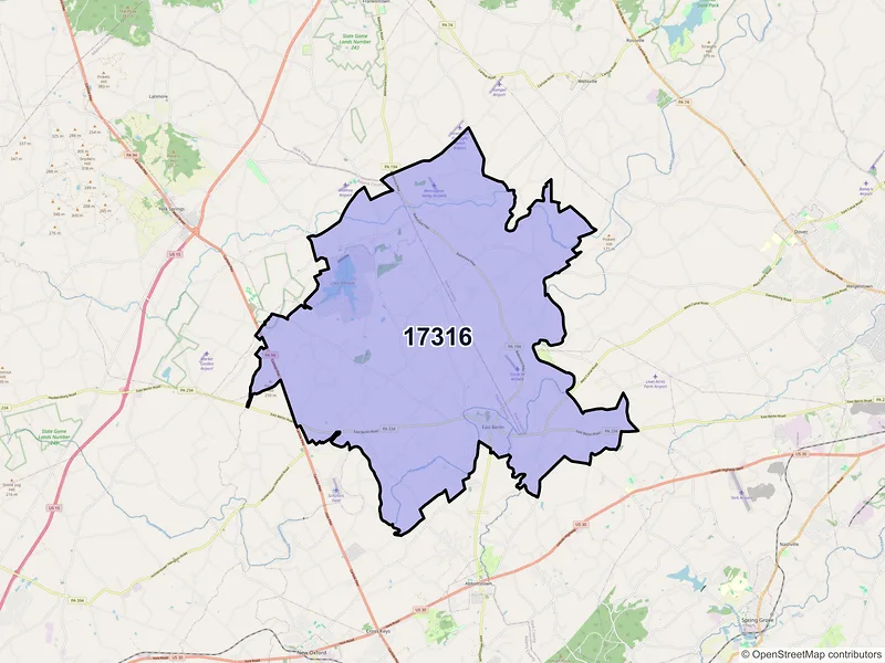 Map of East Berlin, Pennsylvania and ZIP codes