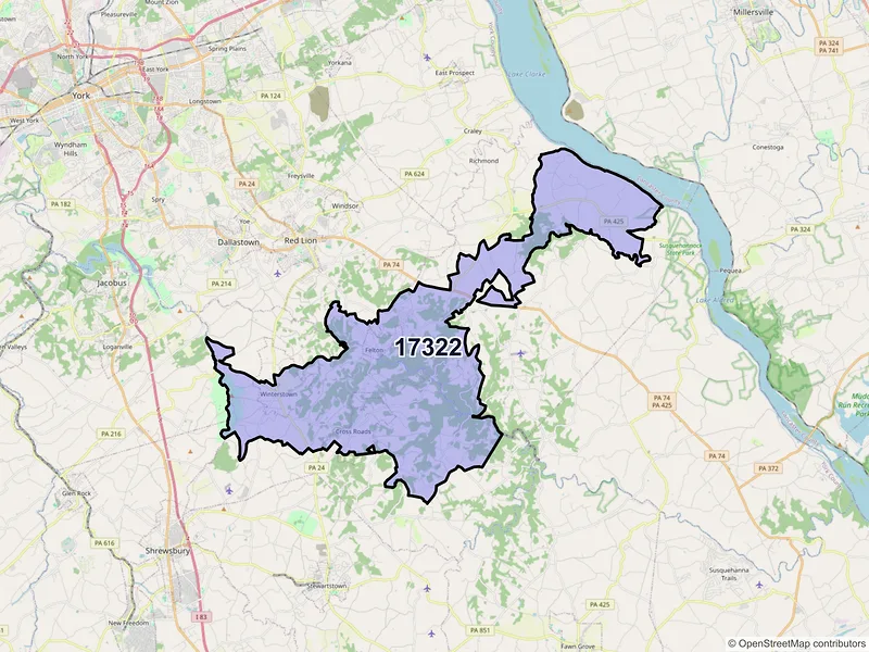 Map of ZIP Code 17322 — Felton, PA