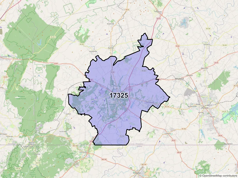 Map of ZIP Code 17325 — Gettysburg, PA