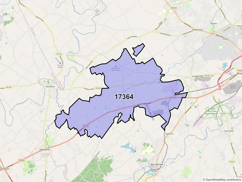 Map of Thomasville, Pennsylvania and ZIP codes