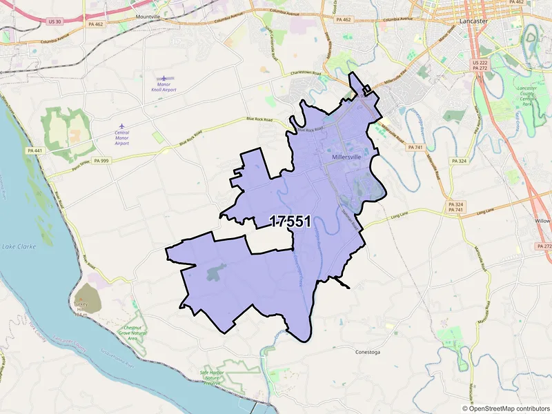 Map of Millersville, Pennsylvania and ZIP codes