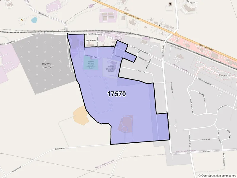 Map of Rheems, Pennsylvania and ZIP codes