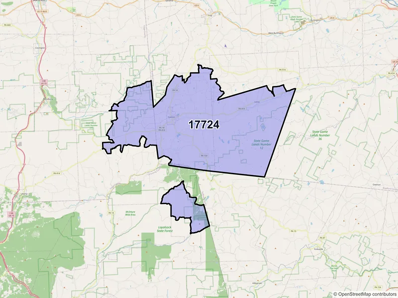 Map of Canton, Pennsylvania and ZIP codes