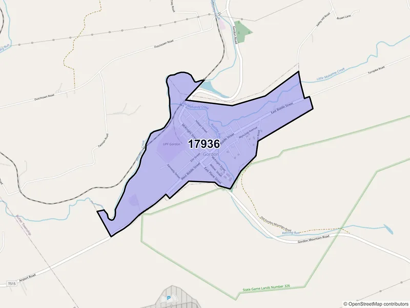 Map of Gordon, Pennsylvania and ZIP codes