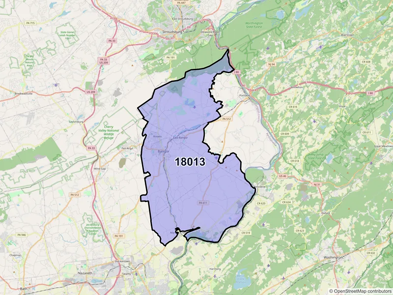 Map of Bangor, Pennsylvania and ZIP codes