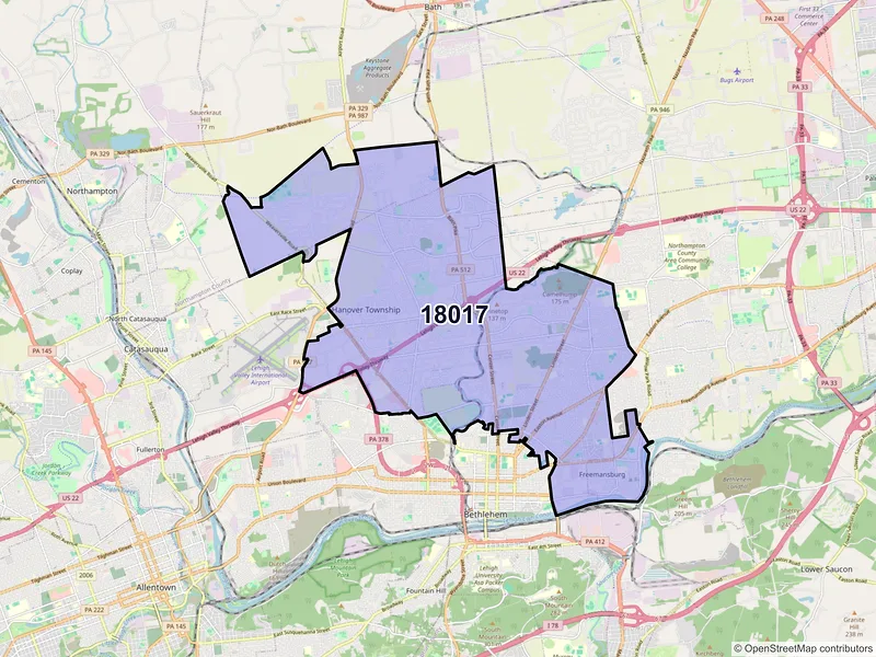 Map of ZIP Code 18017 — Bethlehem, PA