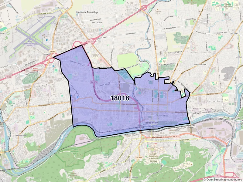 Map of ZIP Code 18018 — Bethlehem, PA