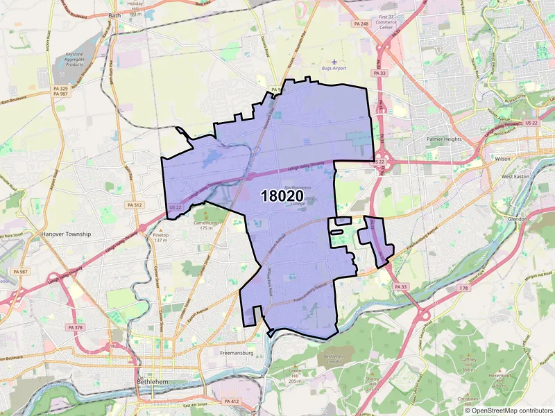 Map of ZIP Code 18020 — Bethlehem, PA