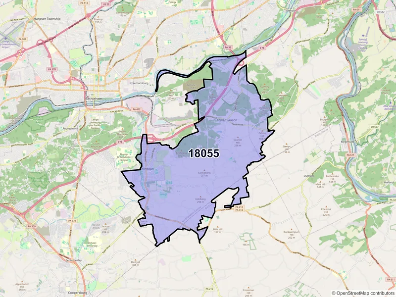 Map of ZIP Code 18055 — Hellertown, PA