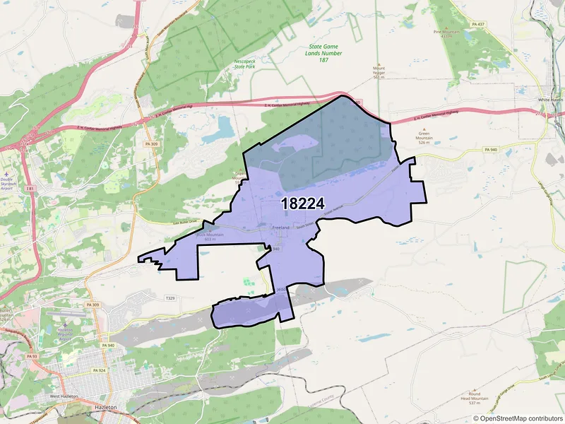Map of Freeland, Pennsylvania and ZIP codes