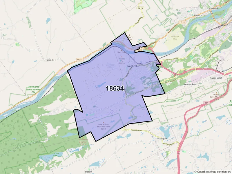 Map of Nanticoke, Pennsylvania and ZIP codes