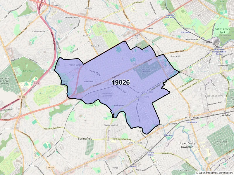 Map of Drexel Hill, Pennsylvania and ZIP codes