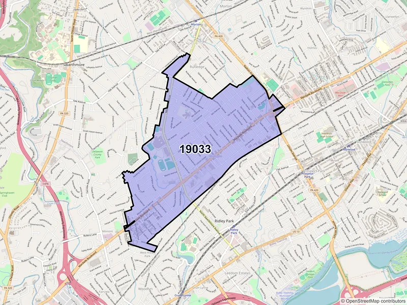 Map of ZIP Code 19033 — Folsom, PA
