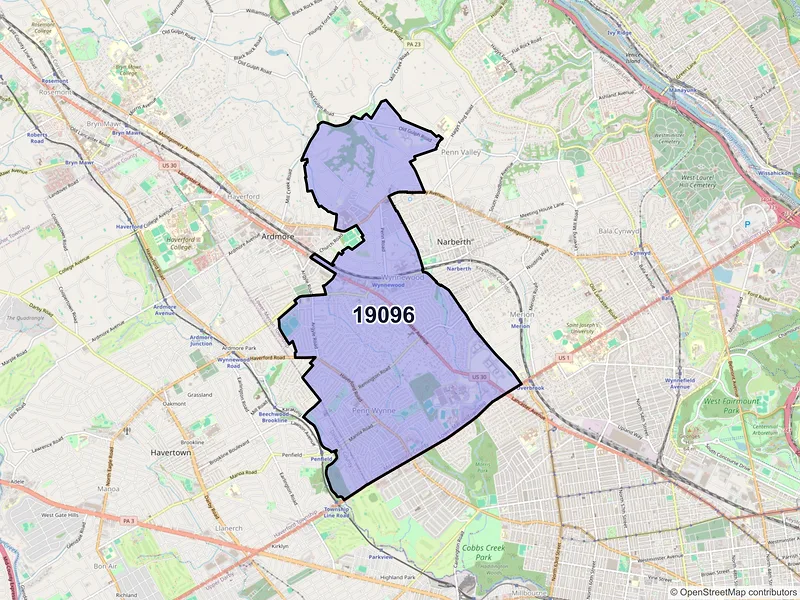 Map of Wynnewood, Pennsylvania and ZIP codes