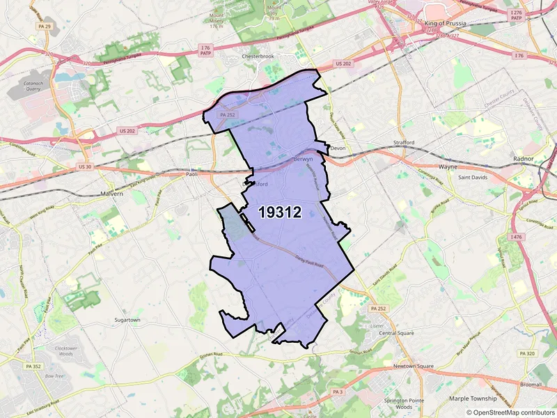 Map of Berwyn, Pennsylvania and ZIP codes