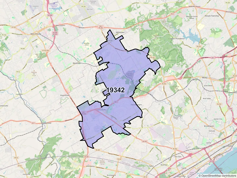 Map of ZIP Code 19342 — Glen Mills, PA