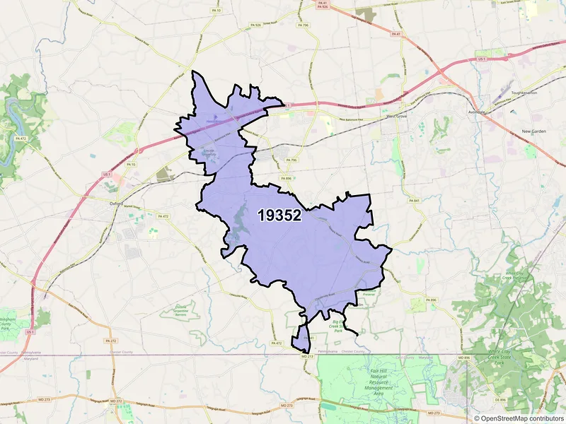 Map of ZIP Code 19352 — Lincoln University, PA